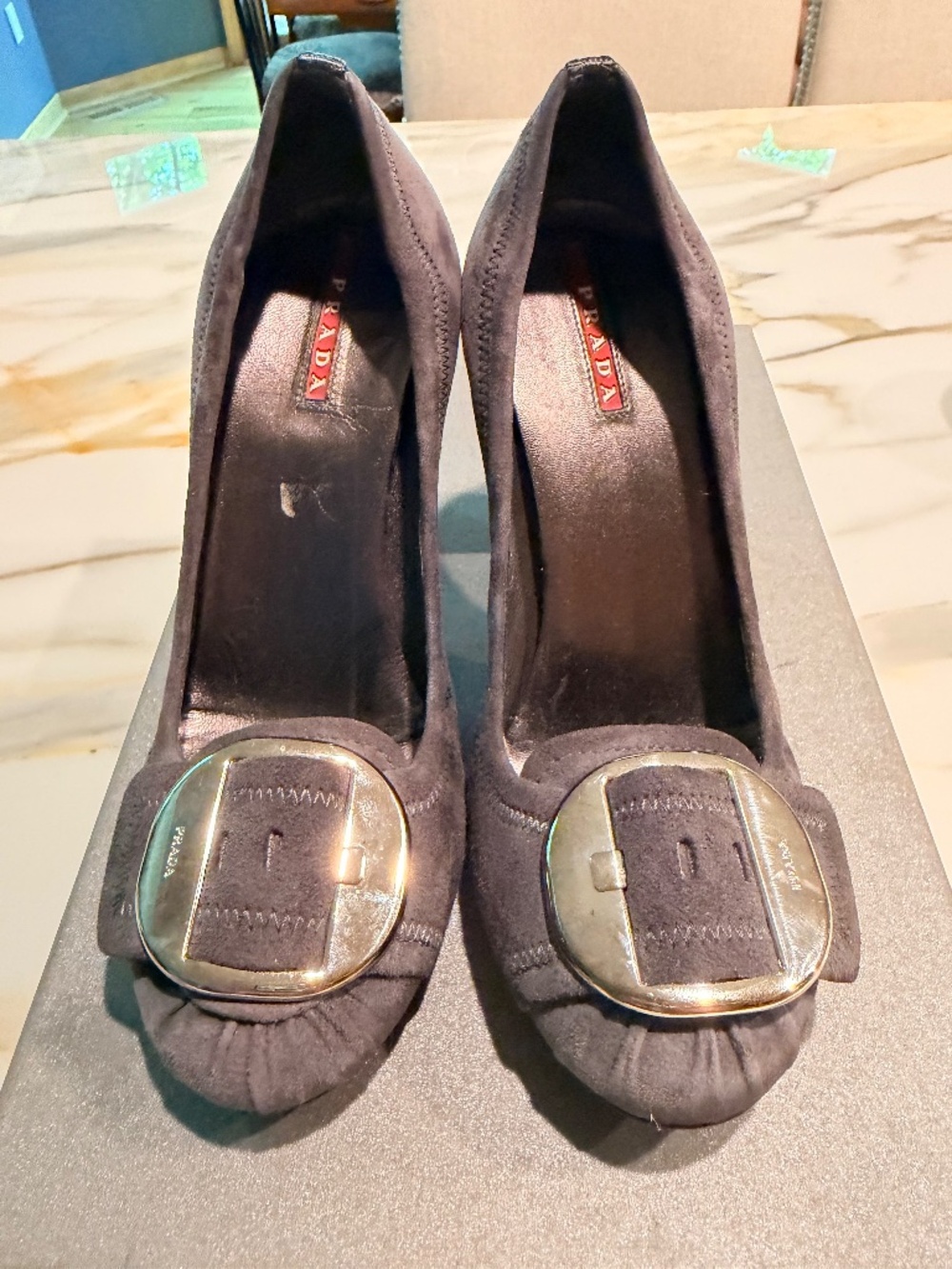 Prada Gray Suede Round Toe Block Heel Pumps - Picture 2 of 8